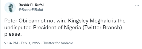 Peter Obi cannot not win, Kingsley Moghalu is the undisputed President of Nigeria (Twitter Branch) - Bashir El-Rufai 