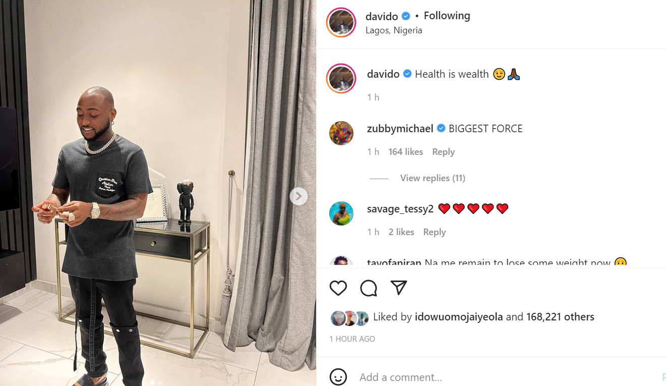 Davido shows off slimmer figure