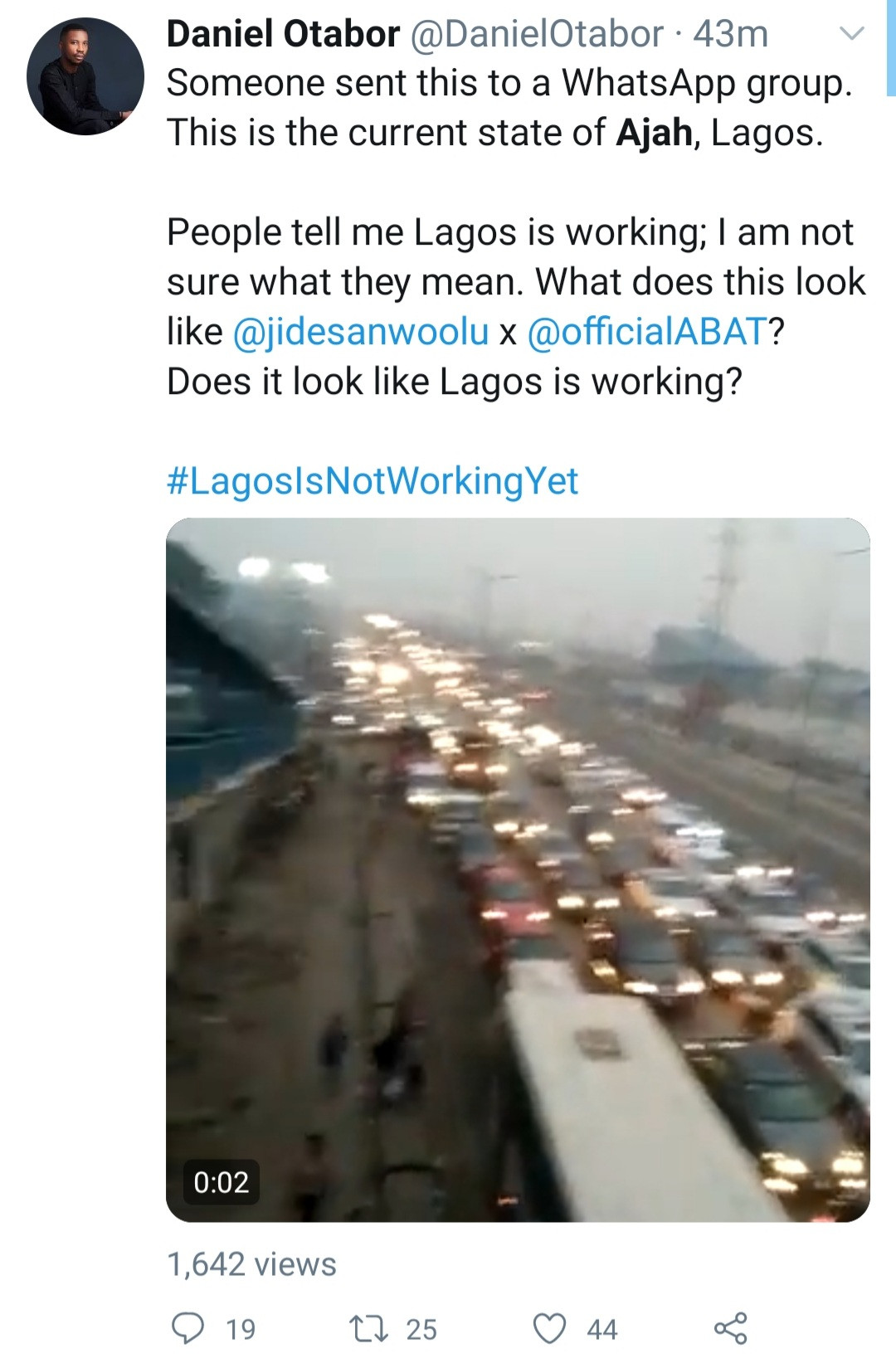 Ajah trends on Twitter as commuters cry out over early morning traffic that has lasted for hours (video)