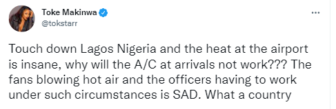 What a country! - Toke Makinwa laments about the lack of air conditioners at Lagos international airport