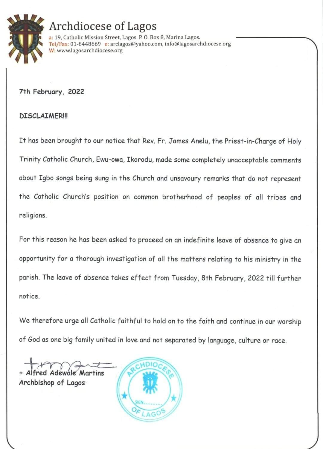 Catholic church suspends Lagos priest who banned Igbo songs in his parish