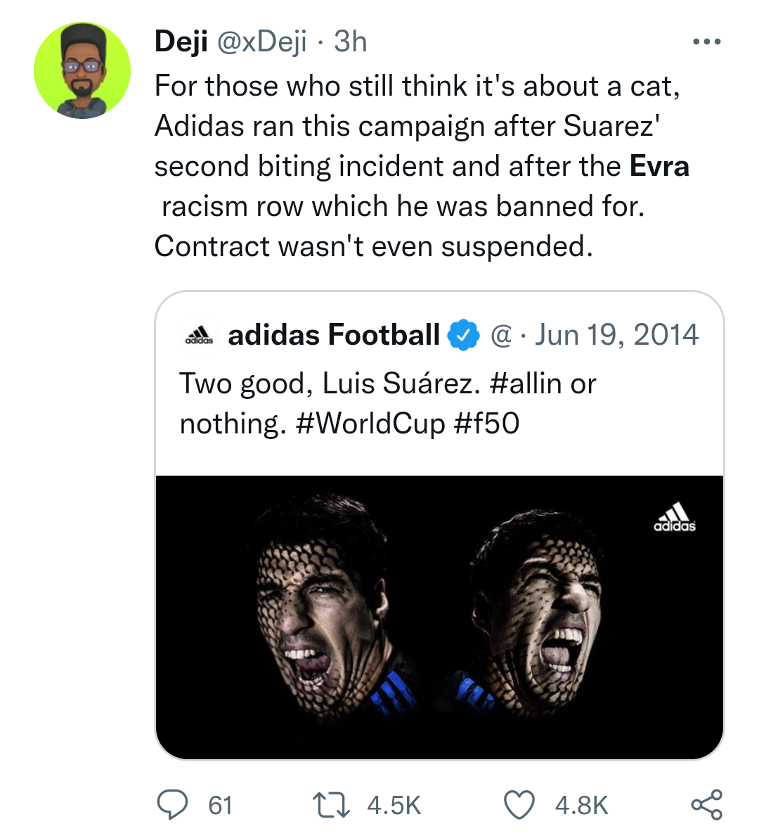 Fans make racism allegations against Adidas after they ended sponsorship deal with Kurt Zouma for kicking cat but just warned Luis Suarez when he racially abused Evra in 2014