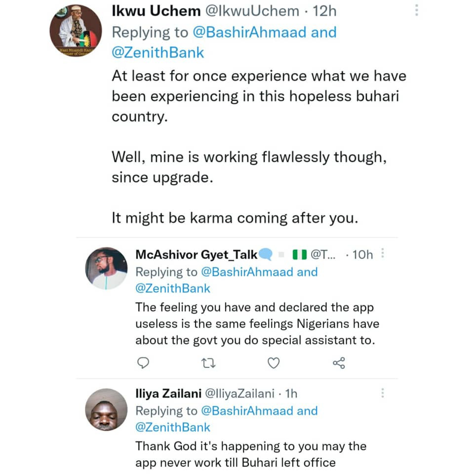 Has your boss fixed the country?- Nigerians drag presidential aide, Bashir Ahmad, after complaining and asking a bank to fix their 