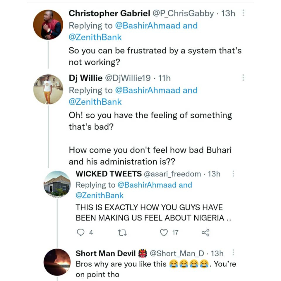 Has your boss fixed the country?- Nigerians drag presidential aide, Bashir Ahmad, after complaining and asking a bank to fix their 