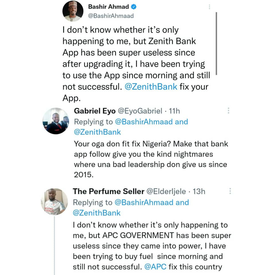 Has your boss fixed the country?- Nigerians drag presidential aide, Bashir Ahmad, after complaining and asking a bank to fix their 