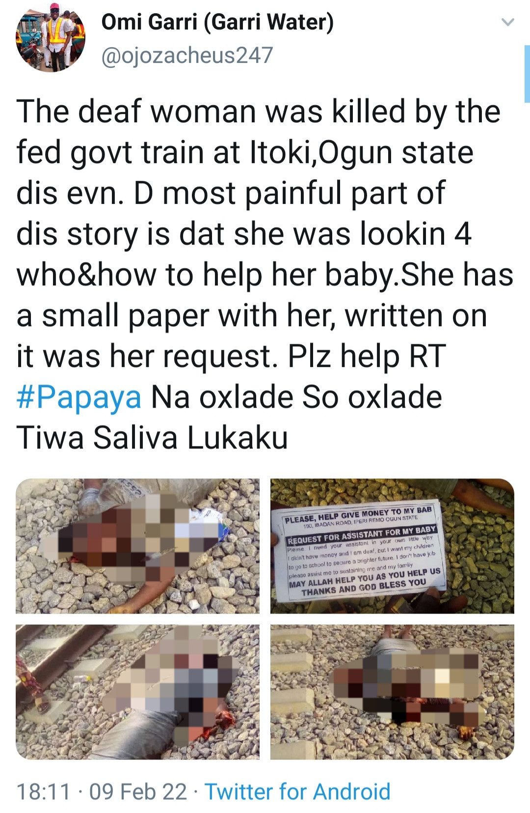 Train crushes deaf woman in Ogun (graphic photos)