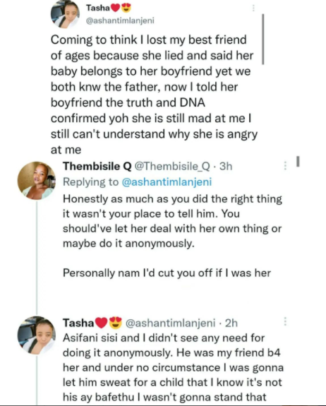 Lady narrates how she lost her friend after telling her boyfriend who the father of her baby she pinned on him is