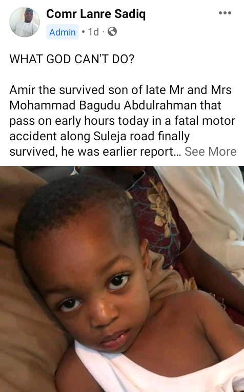 Nigerian man and pregnant wife die in ghastly motor accident, 3-year-old son survives 