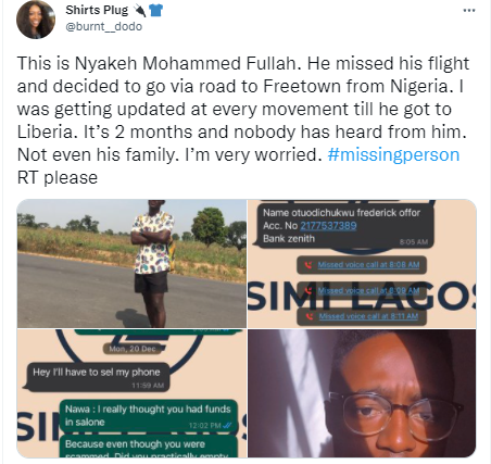 Man who missed his flight and decided to travel to Sierra Leone by road goes missing