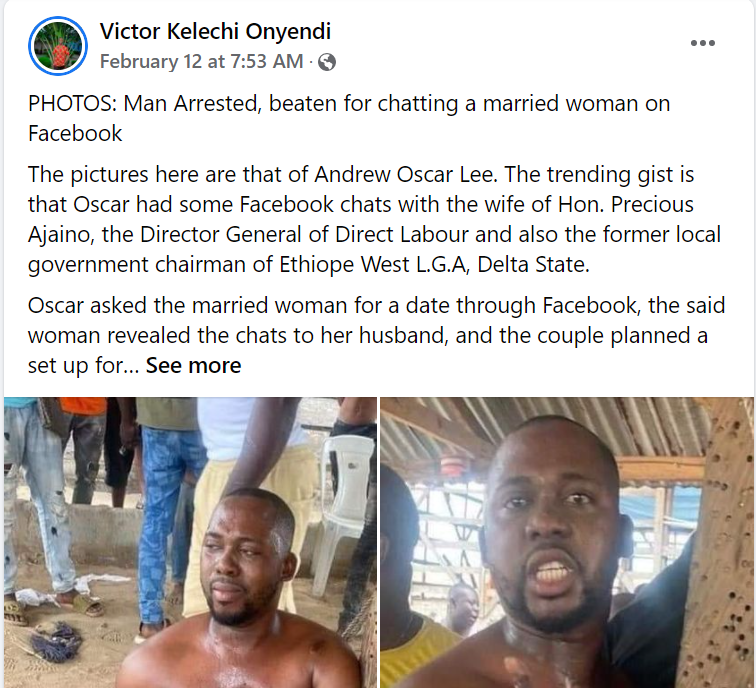 Married man gets beaten for allegedly chatting with wife of Delta politician on Facebook and asking her out on a date (photos)