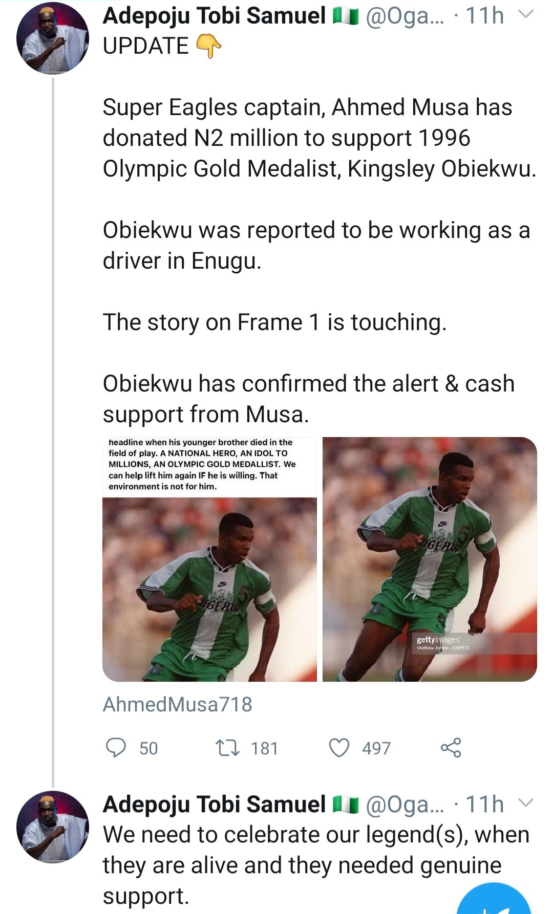 Super Eagles Captain,? Ahmed Musa donates N2m to Atlanta 96 gold medalist turned taxi driver, Kingsley Obiekwu