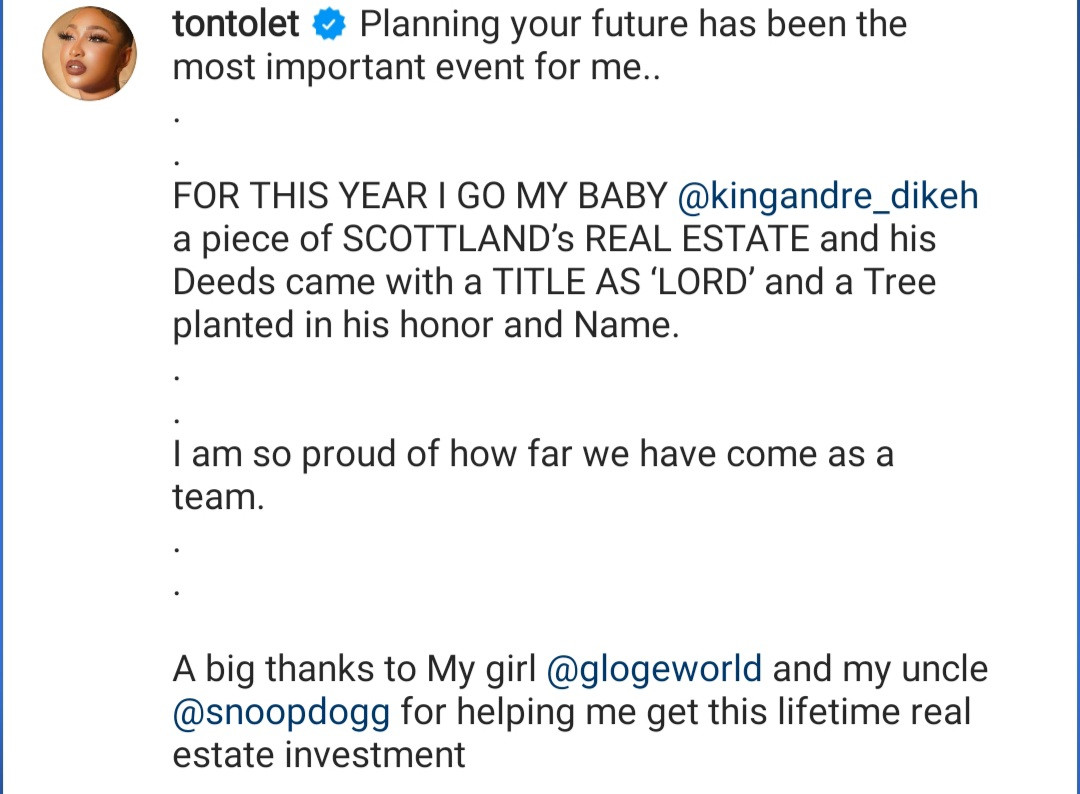 Tonto Dikeh gifts her son, King Andre, a piece of Scotland