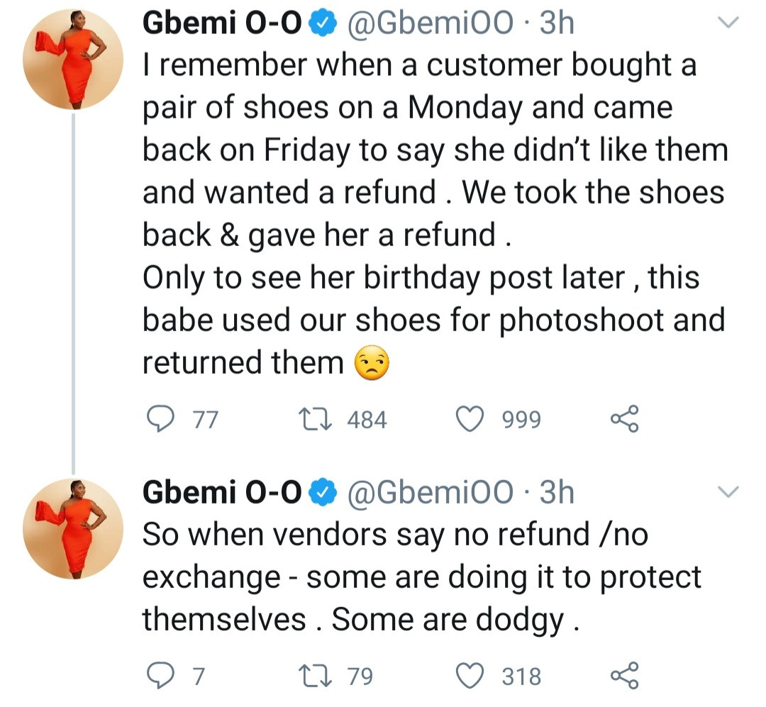 Gbemi Olateru-Olagbegi recounts experience with a customer who bought her shoes and returned it after using it for her birthday 