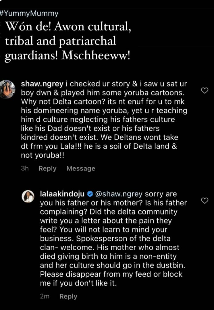 Between Lala Akindoju and an IG user who tackled her for allowing her son watch 