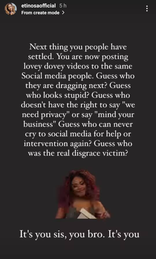 Except it is life threatening or your family cannot solve it, its best not to bring your marital issues to social media - Actress Etinosa