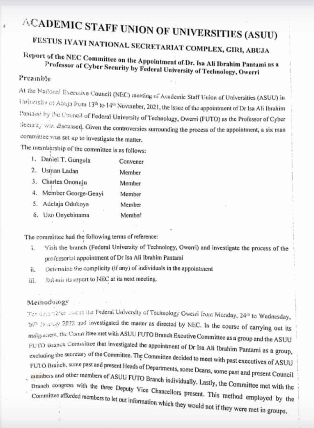 US-based Nigerian Professor shares ASUU report which outlined why Minister of Communication, Isa Pantami is reportedly not qualified to be a Professor 