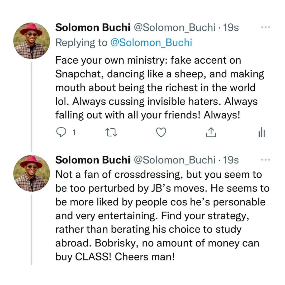 Money cannot buy class and wisdom. Leave James Brown - Gender equality activist, Solomon Buchi, slams Bobrisky for mocking his contemporary 