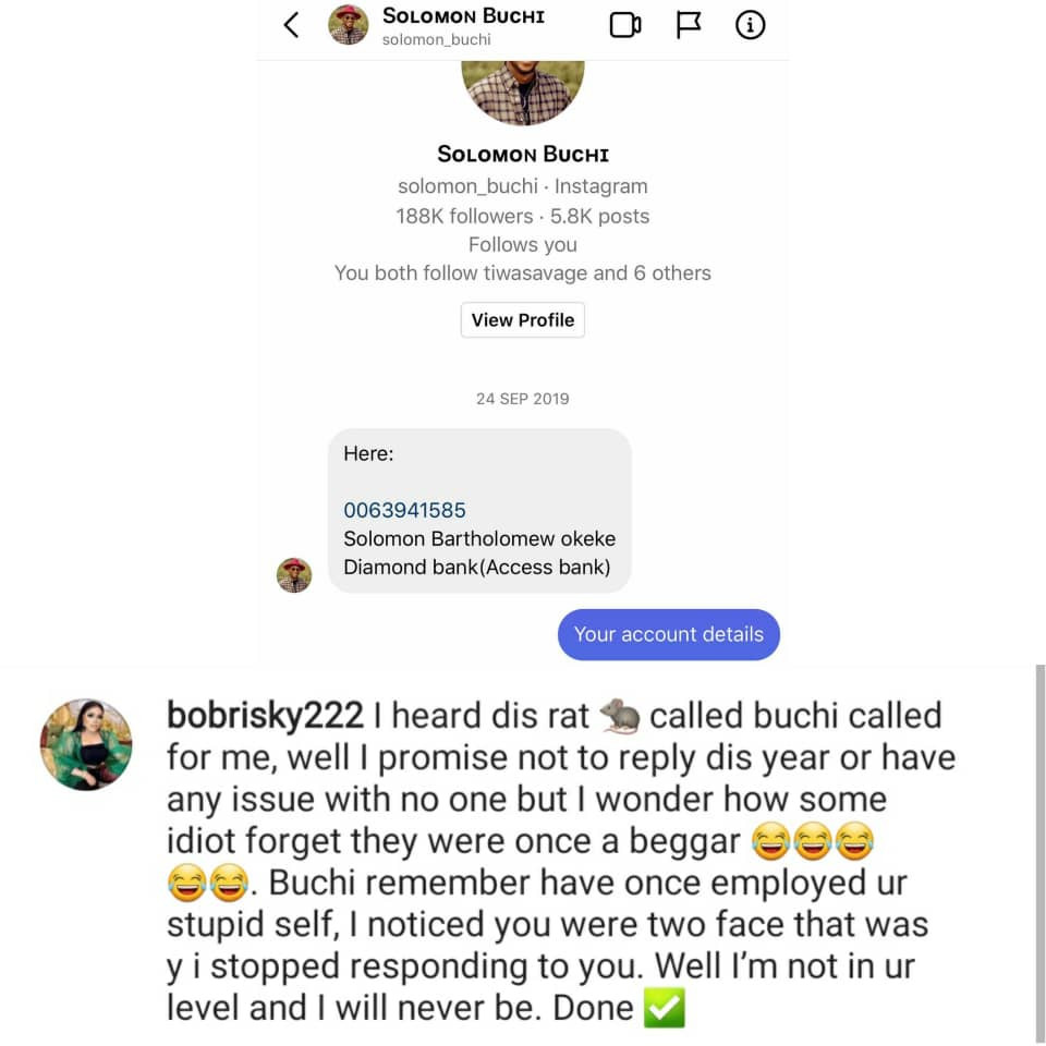 I am not in your level and I will never be - Bobrisky replies gender equality activist, Buchi Solomon.