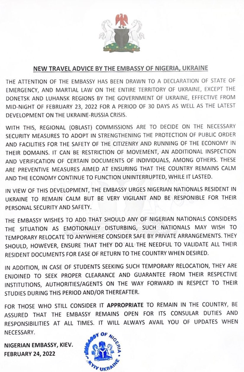 Russia vs Ukraine: Remain calm take responsibility for your personal security ? Nigerian Embassy in Ukraine tells Nigerians