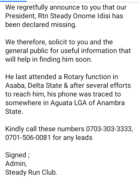 Man goes missing after attending function in Asaba; his phone traced to Anambra 