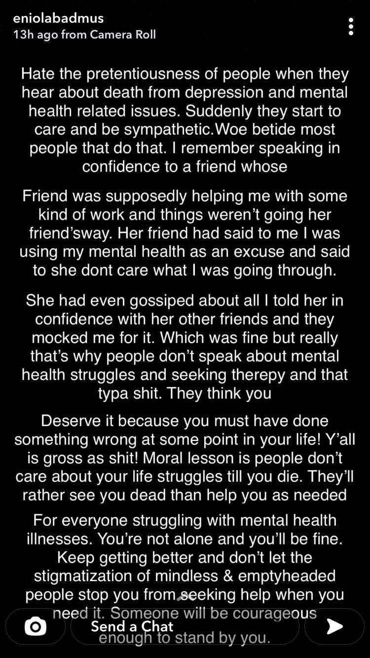 I hate the pretentiousness of people when they hear about death from depression - Eniola Badmus