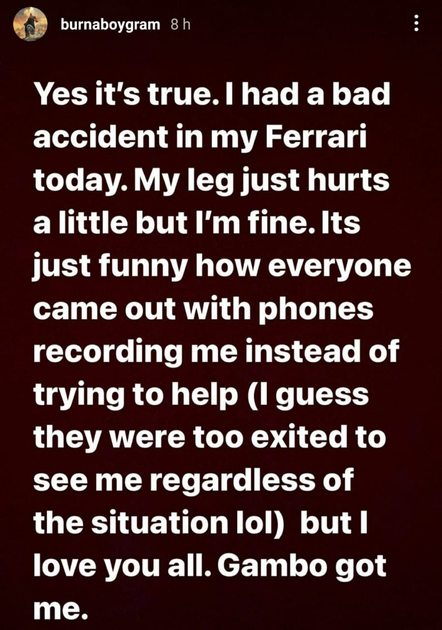 Singer BurnaBoy involved in an accident in Lekki 