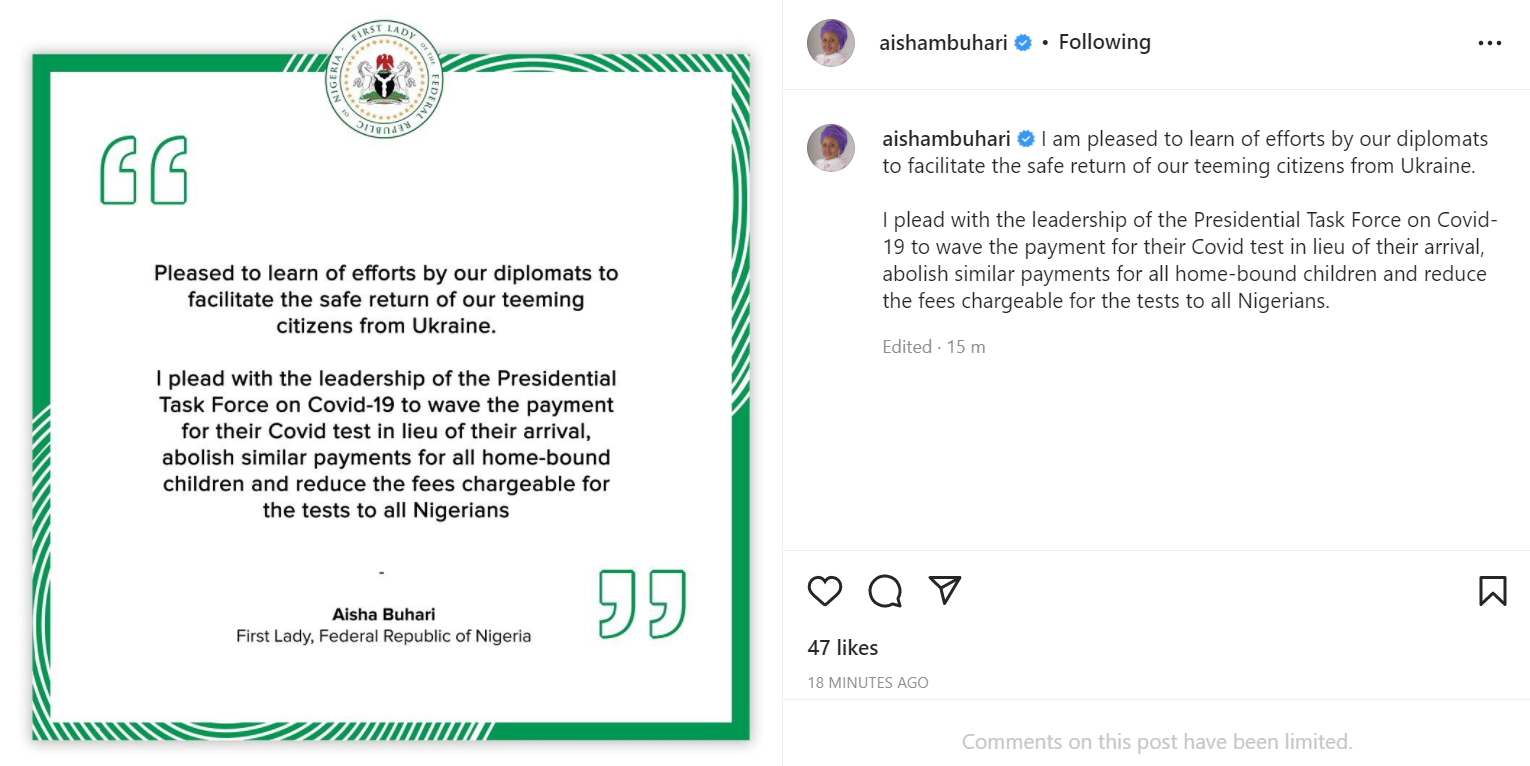 Aisha Buhari commends diplomats for efforts to facilitate the safe return of our teeming citizens from Ukraine, pleads for waiver on payment for their COVID-19 test 