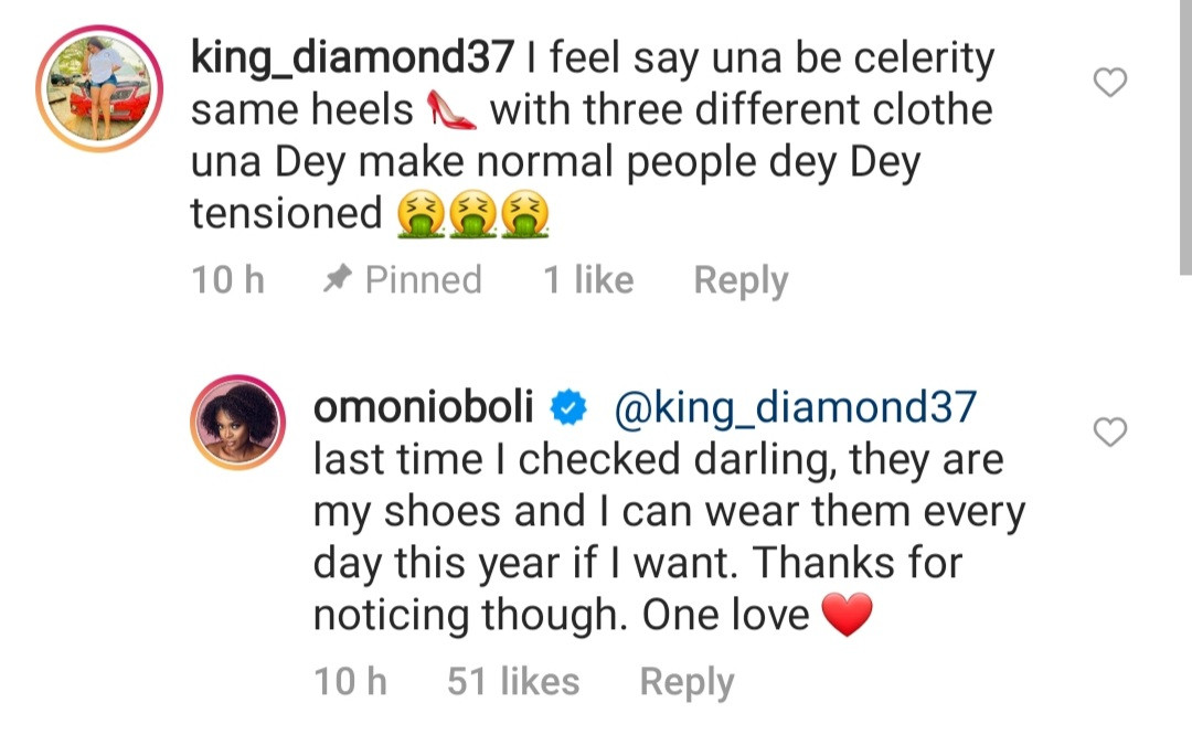 Omoni Oboli responds to troll who mocked her for wearing same high-heeled slippers three times