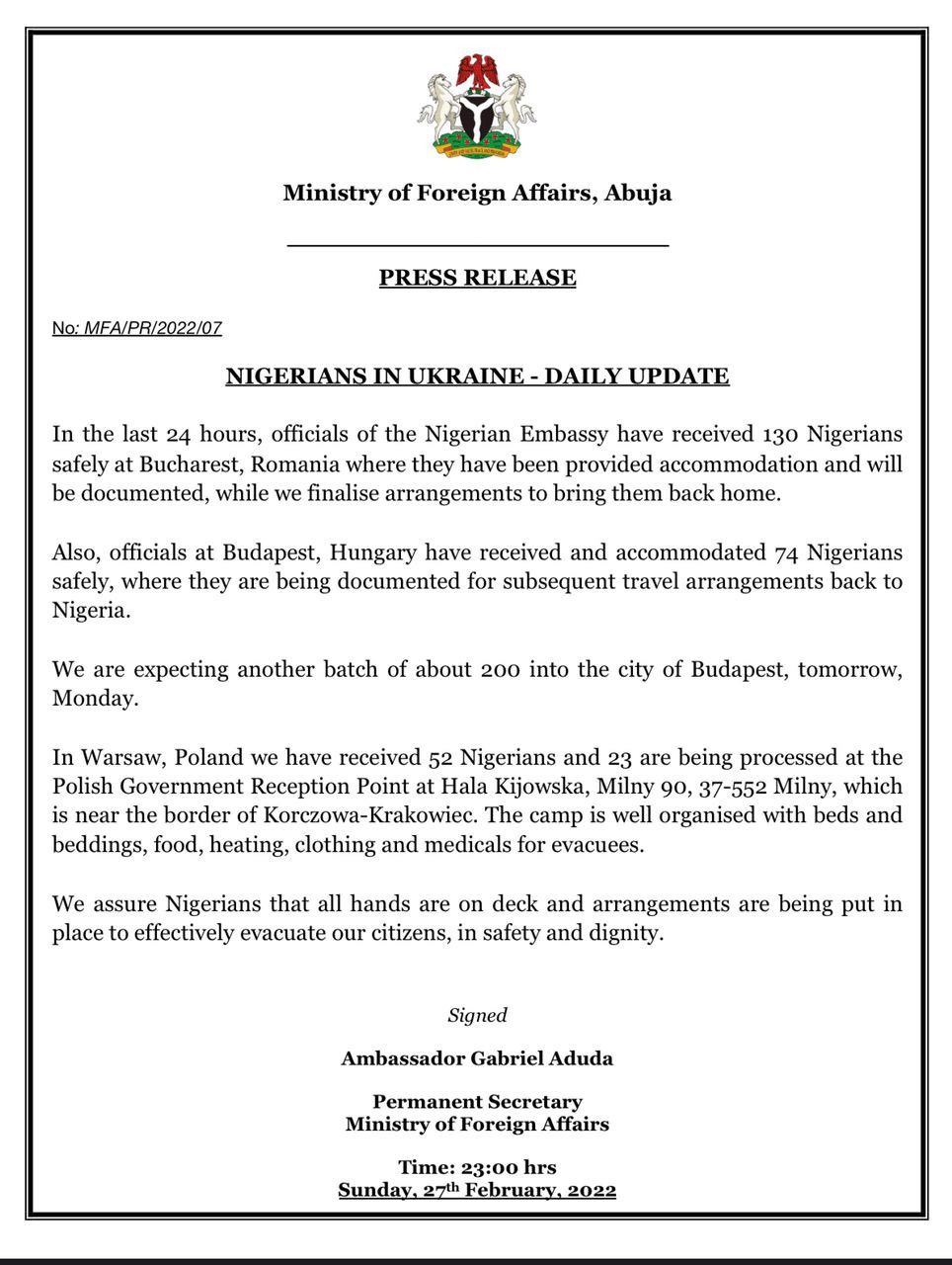 Ministry of Foreign Affairs gives update on number of Nigerians that have moved from Ukraine into Poland, Romania and Hungary