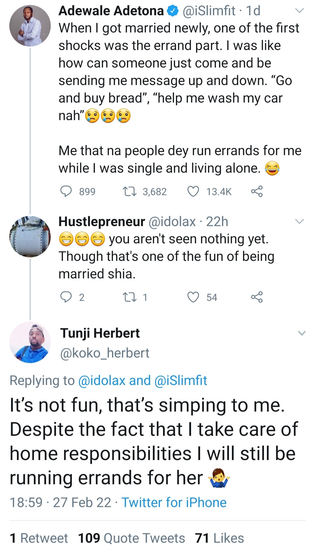 Argument ensues as single man says married men who run errands in their home are 