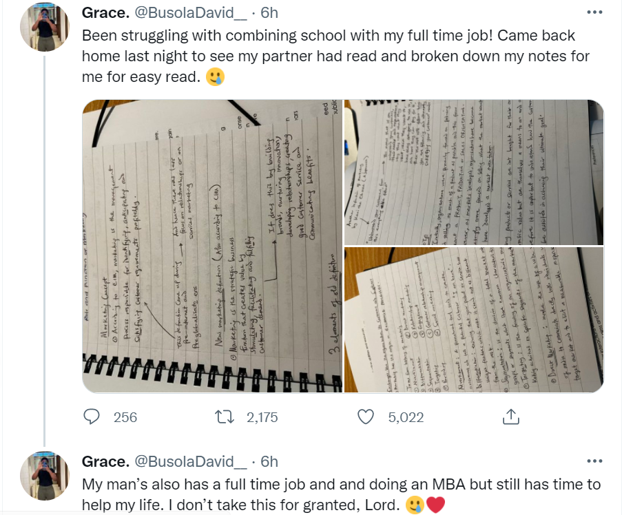 Nigerian lady combining school with full time job shares the thoughtful thing her partner did for her 