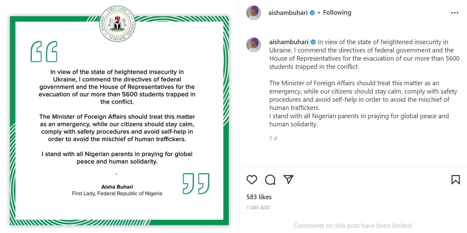 Aisha Buhari commends diplomats for efforts to facilitate the safe return of our teeming citizens from Ukraine, pleads for waiver on payment for their COVID-19 test 