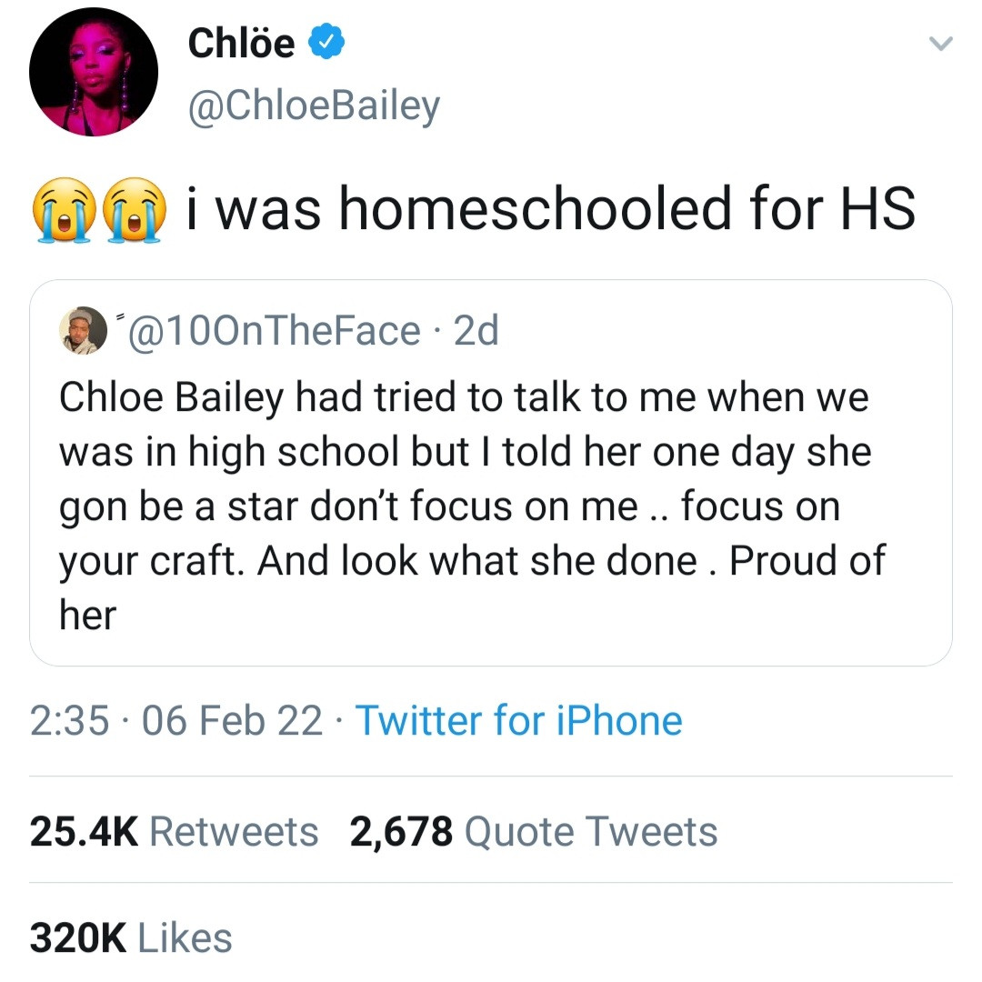 Chloe Bailey shuts down story shared by Twitter user claiming they went to the same High School