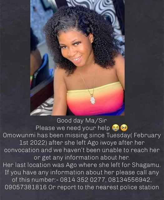 Fresh OOU graduate goes missing after leaving Ago Iwoye to visit male friend in Sagamu 