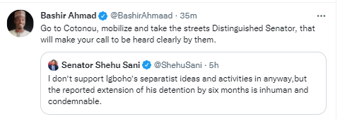 Go to Cotonou, mobilize and take the streets - Presidential aide, Bashir Ahmad, tells Senator Shehu Sani after he kicked against extension of Igboho