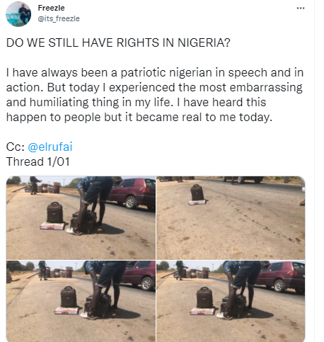 Man expresses his sadness after a military officer forcefully cuts his hair at a checkpoint in Kaduna 