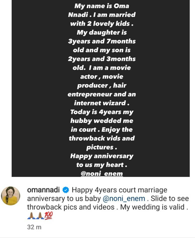 My wedding is valid - Actress Oma Nnadi writes as she celebrates 4th anniversary of her court wedding 