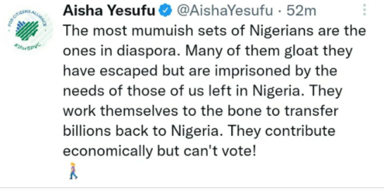 Nigerians react after activist Aisha Yesufu tweeted 