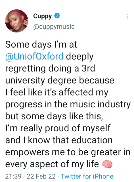 Some days I deeply regret doing a 3rd university degree because I feel like it affected my progress in the music industry  - DJ Cuppy 