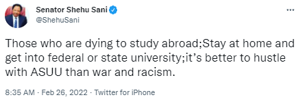 Stay at home and get into federal or state university. It?s better to hustle with ASUU than war and racism - Senator Shehu Sani tells Nigerians dying to study abroad