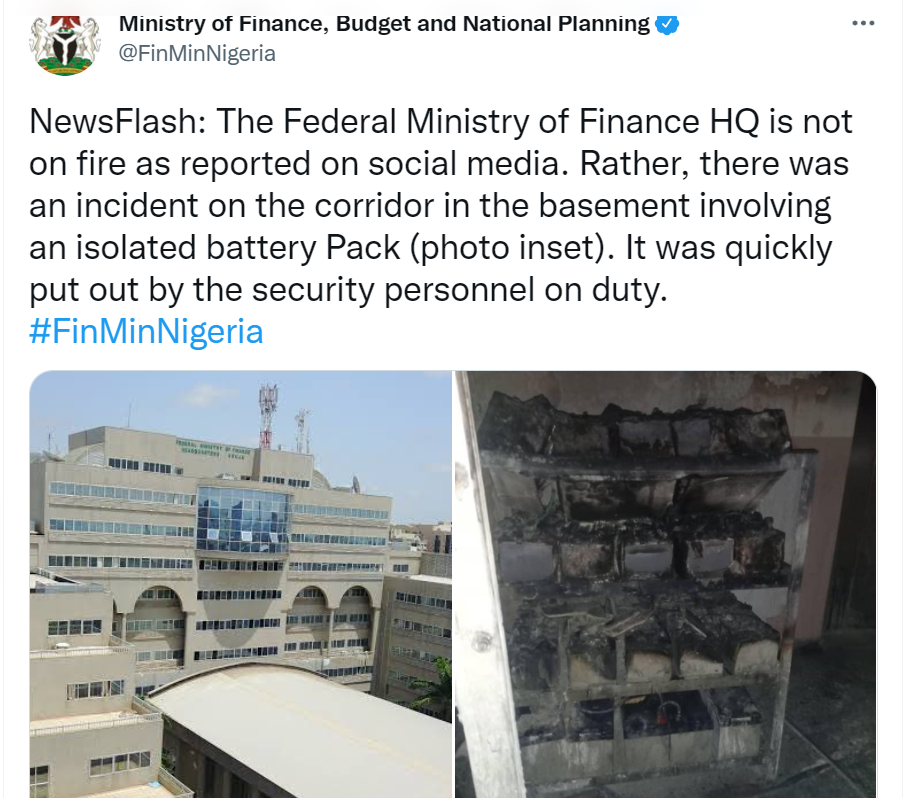 The building was not on fire, there was rather an incident on the corridor of the basement involving an isolated battery pack - Ministry of Finance speaks on fire incident