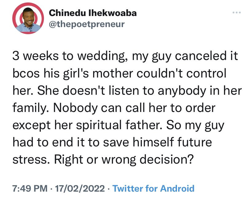  Twitter stories: Man calls off wedding because his fiance? only listens to her spiritual father