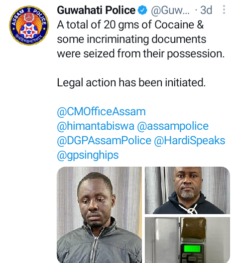 Two Nigerian nationals arrested with 20 grams of cocaine as police bust international drug trafficking network in India 