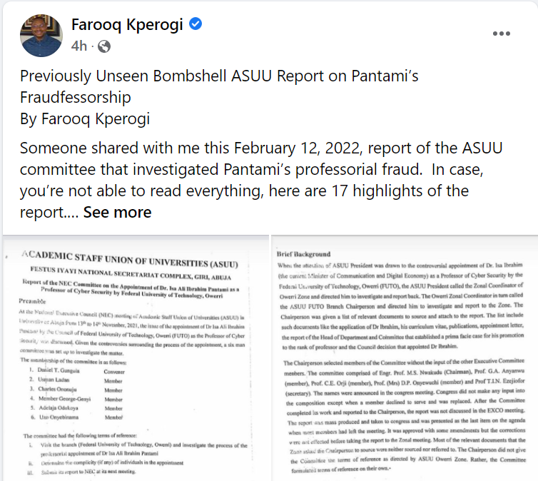 US-based Nigerian Professor shares ASUU report which outlined why Minister of Communication, Isa Pantami is reportedly not qualified to be a Professor 