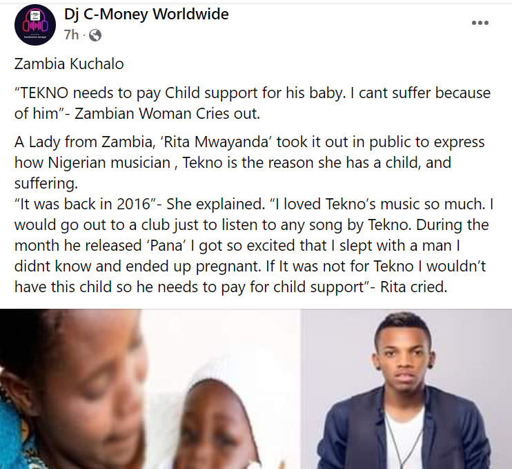 Zambian woman claims listening to Tekno