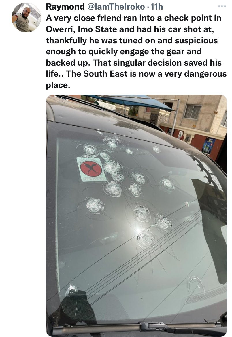 Man escapes death by the whiskers after his car was riddled with bullets at an alleged checkpoint in Imo (photo)