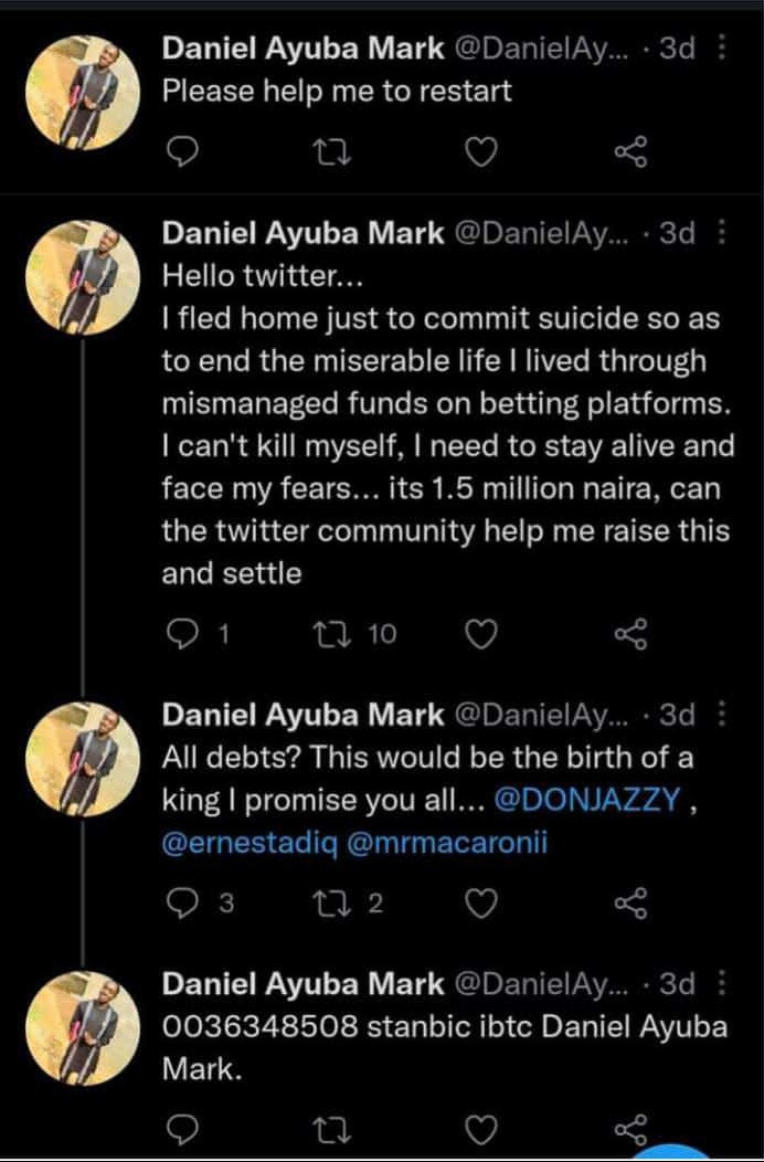 Young man shares last tweet then commits suicide after scammers stole N1.5 million from his sports betting account