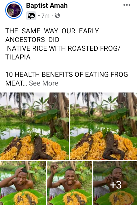 Nigerian man shares photos of himself eating frog meat, claims it cures impotence