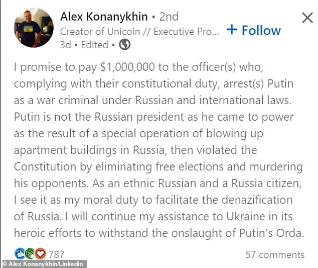 Russian businessman Alex Konanykhin offers a $1 million bounty for Vladimir Putin?s capture 