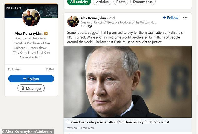 Russian businessman Alex Konanykhin offers a $1 million bounty for Vladimir Putin?s capture 